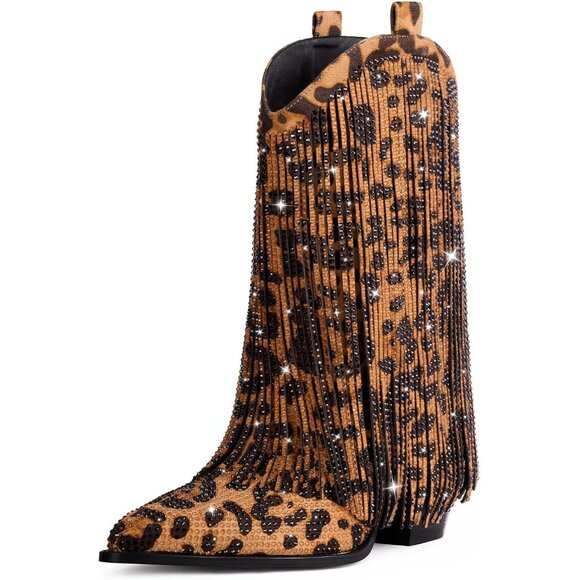 Shoes - Women's Leopard Cowgirl Rhinestone Wide Calf Pointed Toe Chunky Stylish Boot